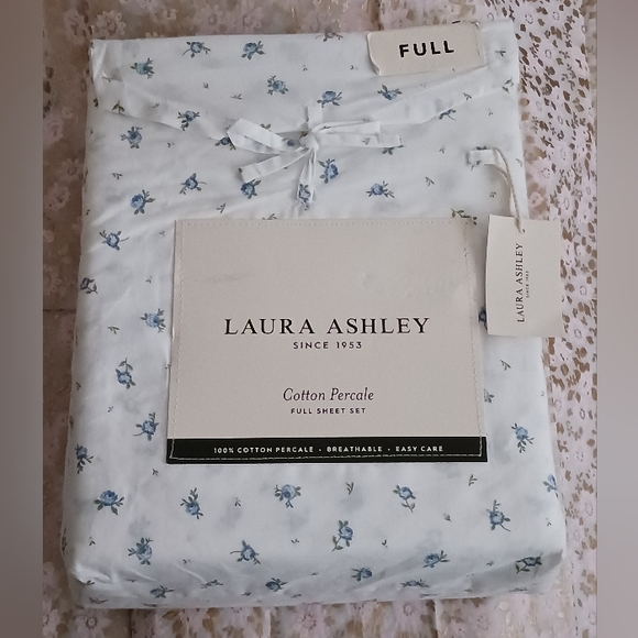 Laura Ashley Rosy Day Blue White and Blue Floral Cotton Percale Sheet Set